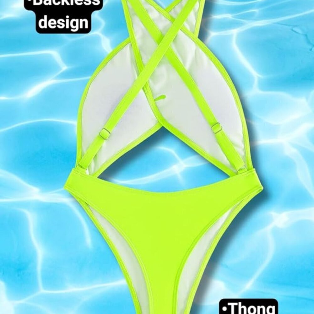 🌟 NWT Neon Green Criss Cross Monokini Cut Out Swimsuit Medium 🌟 - Picture 4 of 5